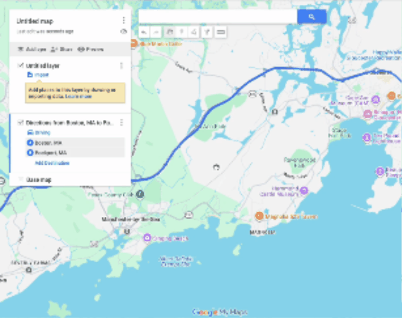 Google My Maps with a multi-stop route being built